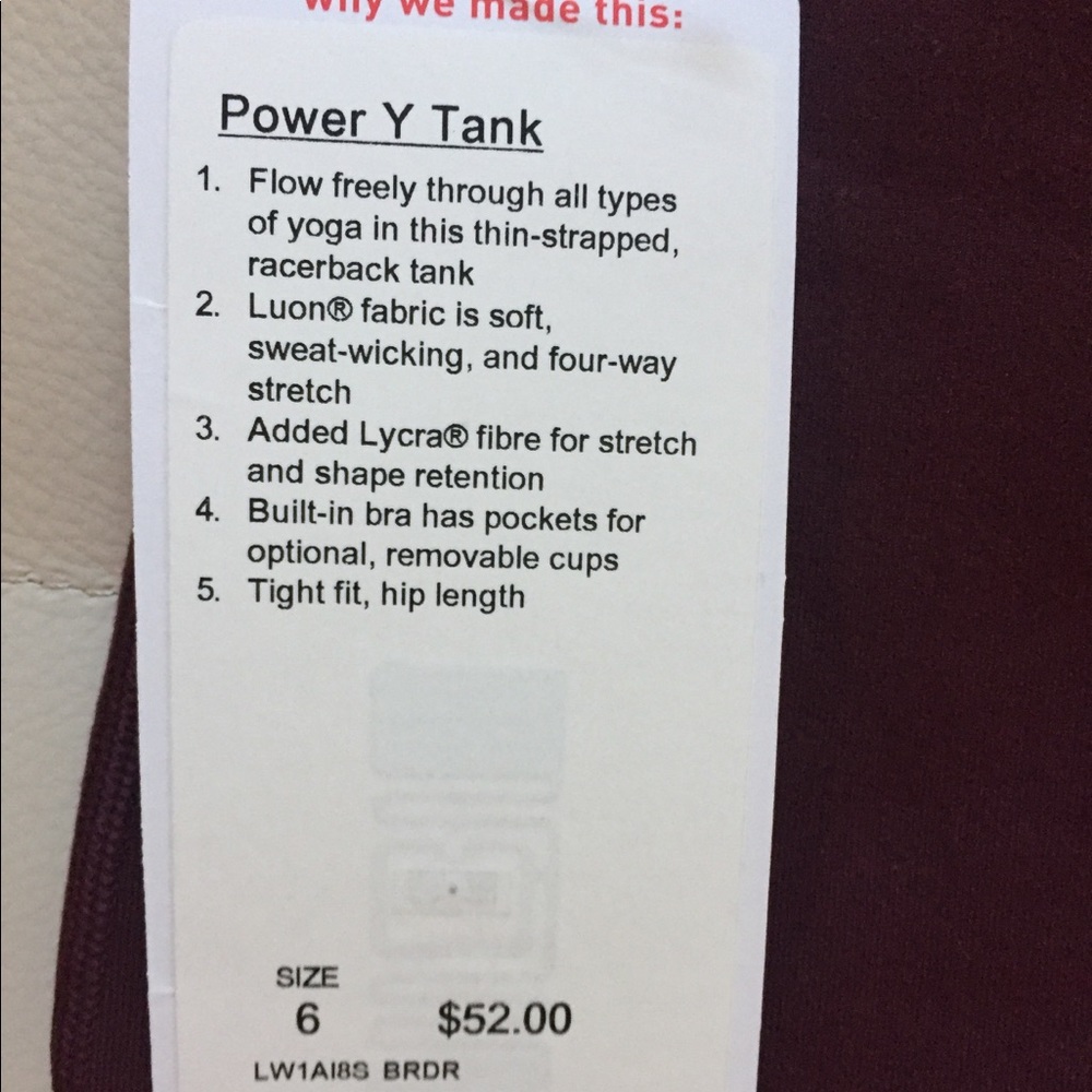 NWT BRDR BORDEAUX LULULEMON POWER Y TANK - - Picture 3 of 8
